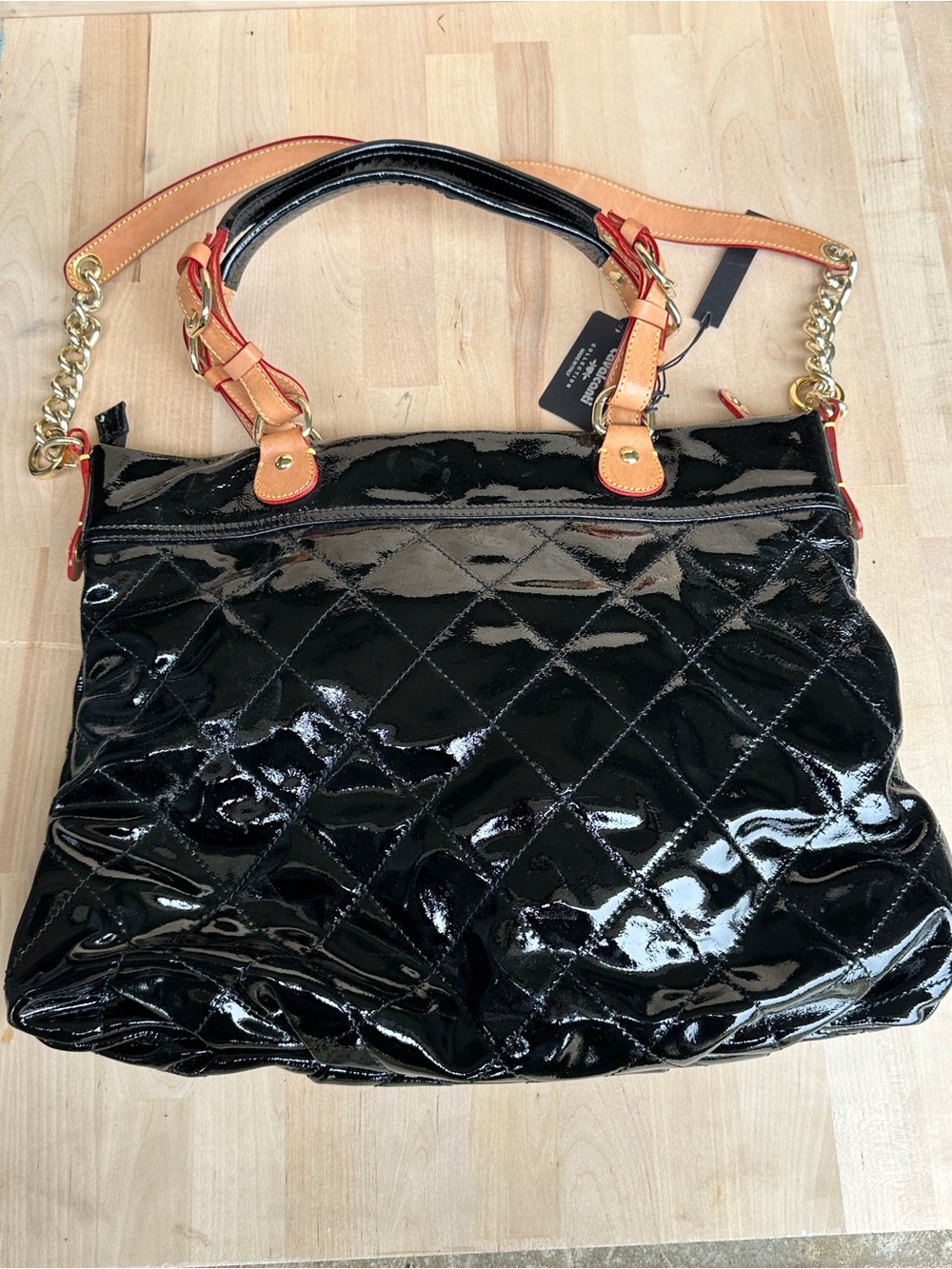 Vintage Black Patent Quilted Tote Bag with Tan Trim